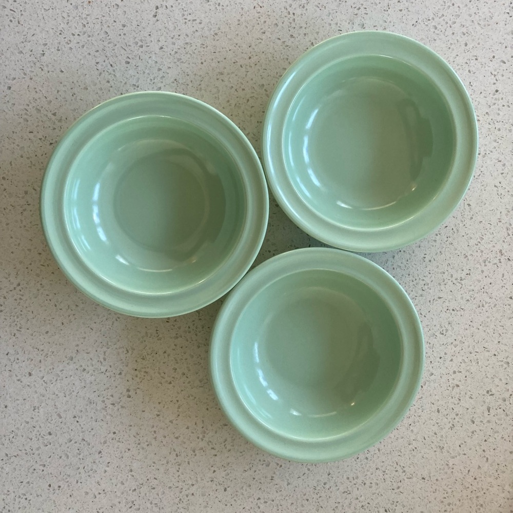 3 Vintage Light Green Prolon Ware (melamine) 4 5/8” Fruit Saucers